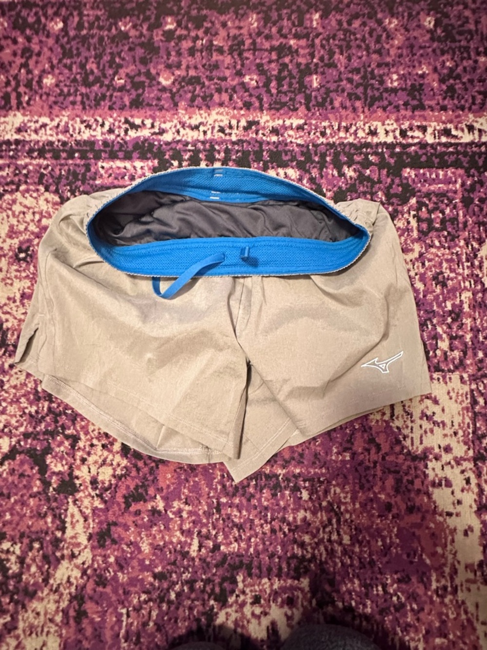 Mizuno Taupe Running Shorts with Bright Blue Waistband
